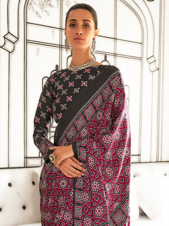 Block Print Pure Crepe Sari.