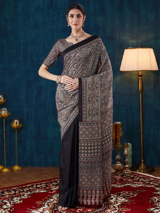 Ajrak Block Pure Crepe Saree