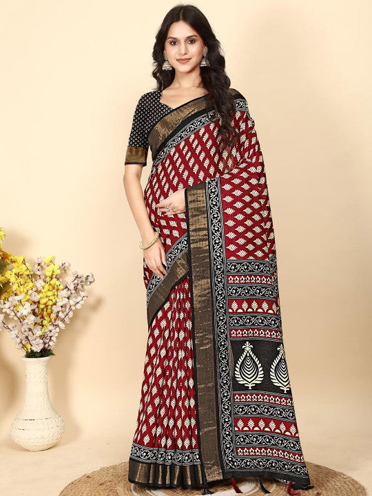Ajrak Block Block Print Art Silk Saree