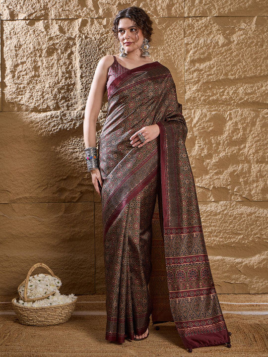 Ajrak Block Dabu Silk Blend Sari.
