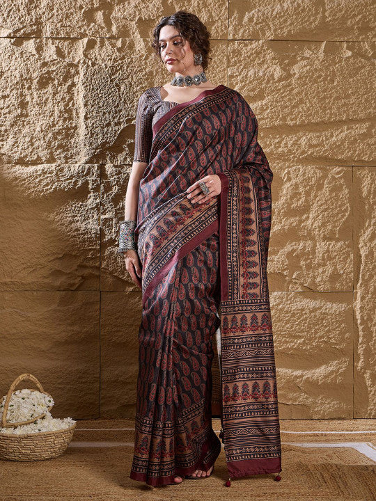 Ajrak Block Dabu Silk Blend Sarees (471379 )