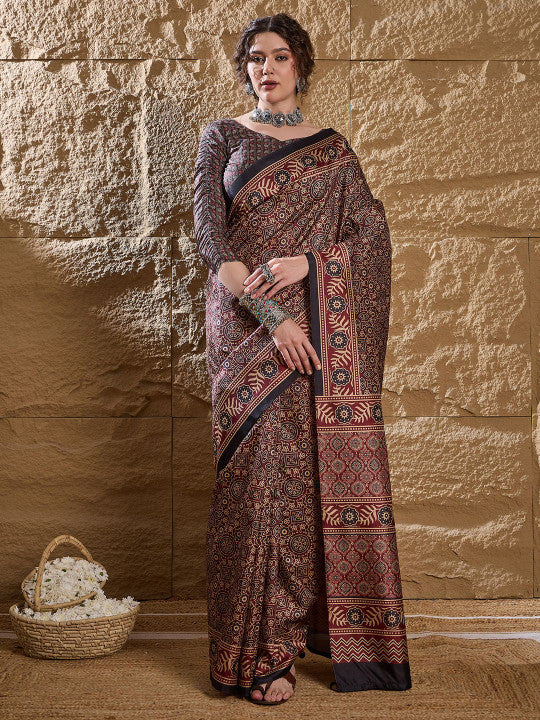 Ajrak Block Dabu Silk Blend Sari (461379 )