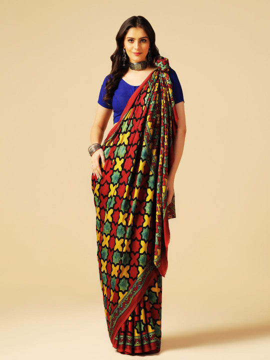 Handprinted Ajrakh Saree (296659 )