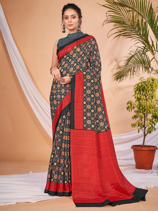 Ajrak Block Block Print Silk Blend Saree (57749 )
