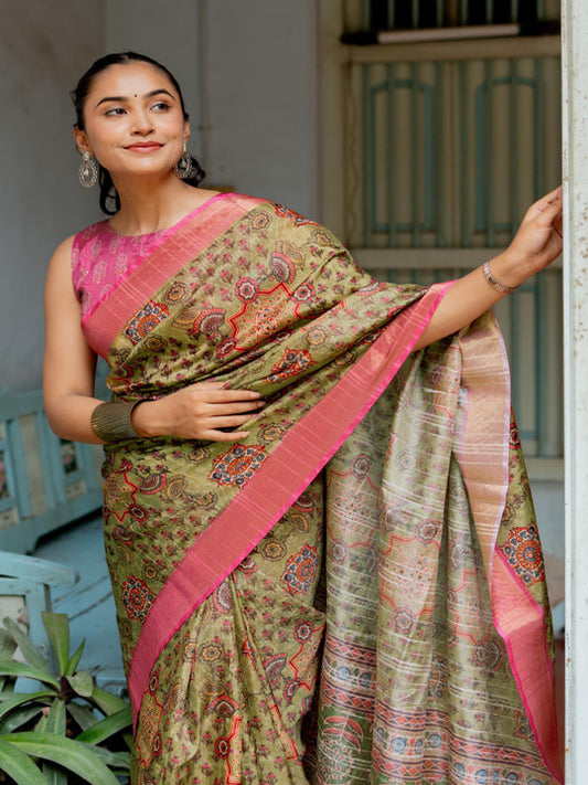 Ajrak Block Printed Saree (17729 )