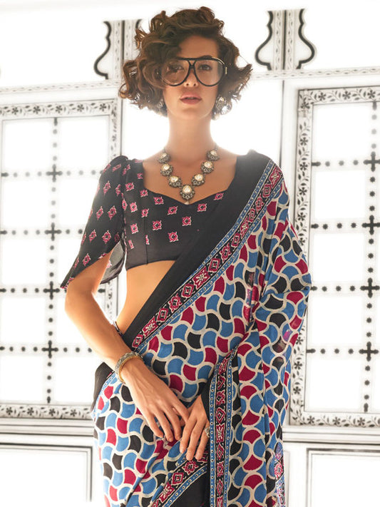 Block Print Pure Crepe Saree (41881 )