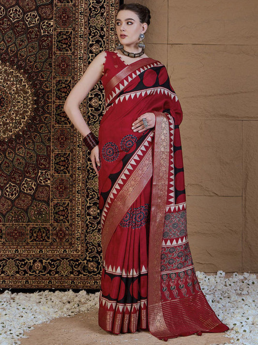Ajrak Block Sungudi Silk Blend Saree