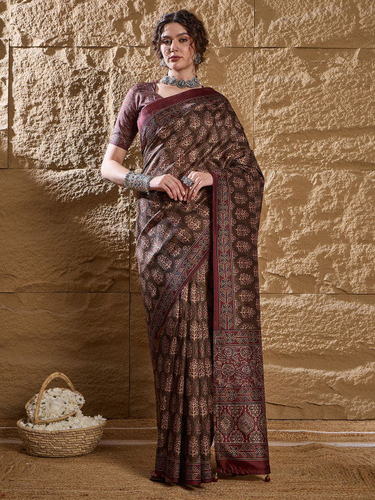 Ajrak Block Dabu Silk Blend Saree.