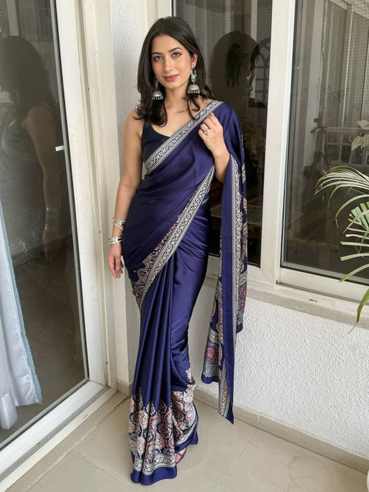 Ajrak Printed Satin Saree.