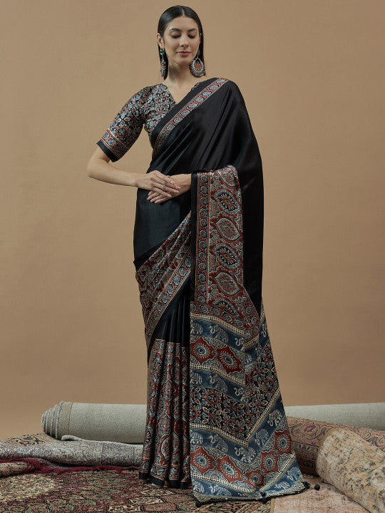 Ajrak Block Block Print Poly Crepe Saree.