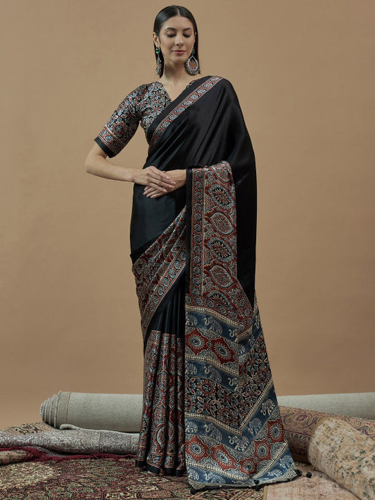 Ajrak Block Block Print Poly Crepe Saree.