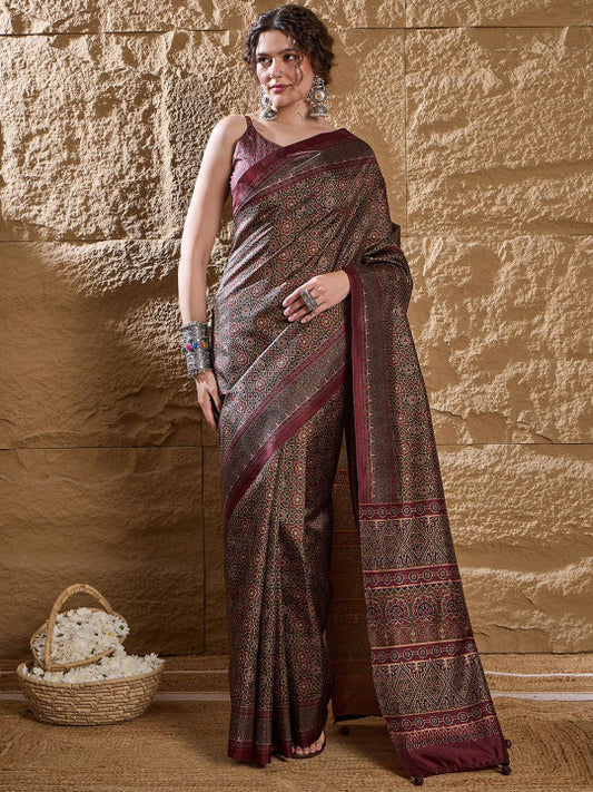 Ajrak Block Block Print Silk Blend Saree (21839 )