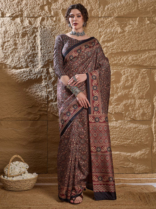 Ajrak Block Block Print Silk Blend Saree.