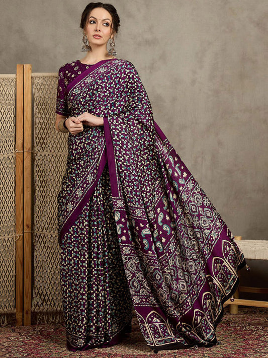 Block Print Pure Crepe Saree (281399 )