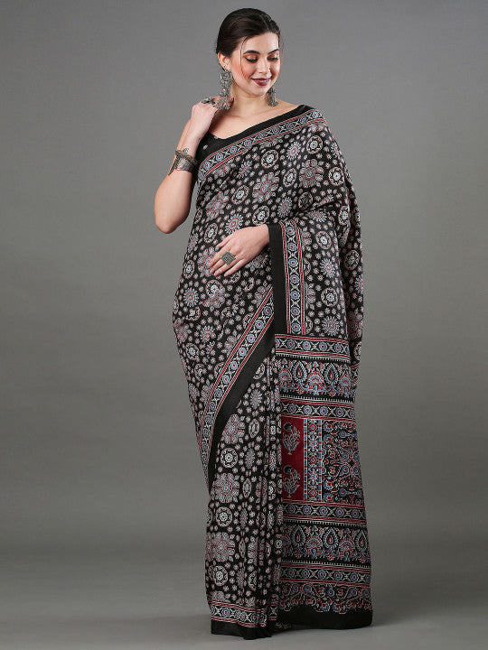Block Printed Silk Blend Saree