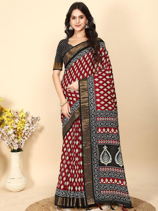 Ajrak Block Block Print Art Silk Saree