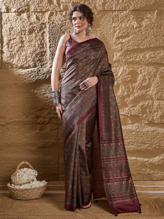 Ajrak Block Dabu Silk Blend Sari.