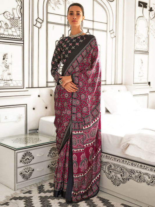 Ajrak Block Block Printed Poly Crepe Saree.