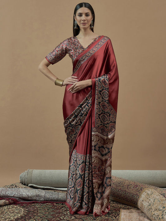 Ajrak Block Block Print Poly Crepe Saree (151379 )