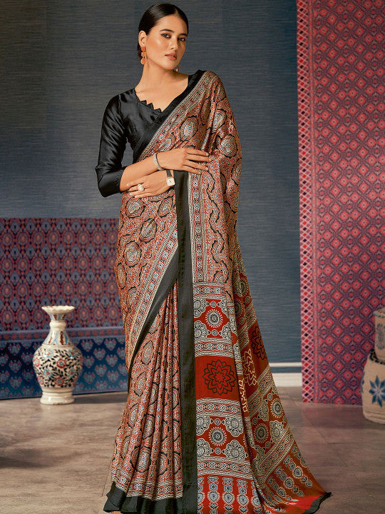 Ajrak Block Block Print Poly Crepe Saree (31881 )