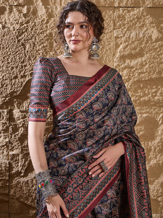 Ajrak Block Dabu Silk Blend Saree (27809 )
