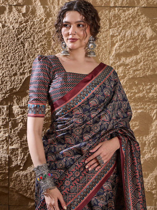 Ajrak Block Dabu Silk Blend Saree (27809 )