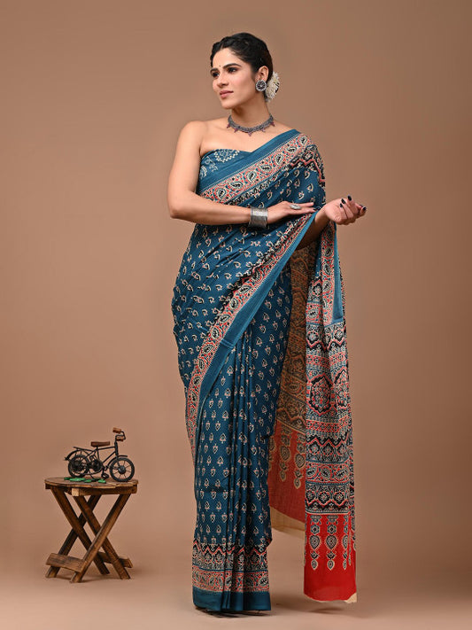 Ajrak Block Bagru Pure Cotton Saree