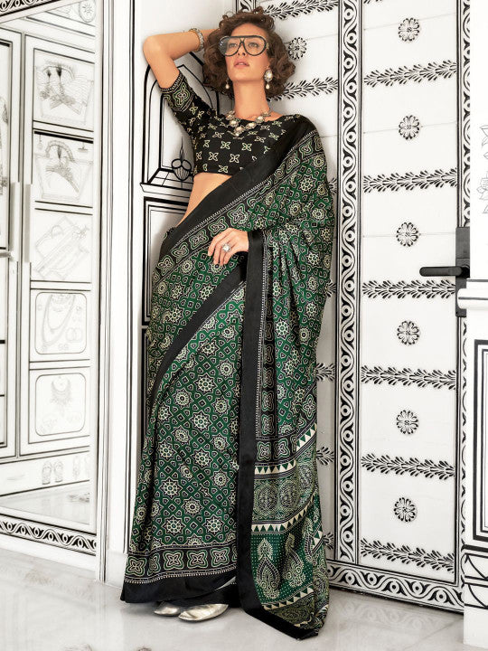 Ajrak Block Block Print Poly Crepe Sari…