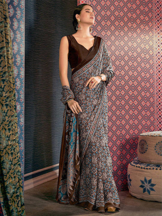 Ajrak Block Block Print Poly Crepe Saree (16881 )