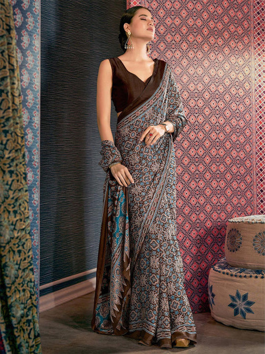 Ajrak Block Block Print Poly Crepe Saree (16881 )