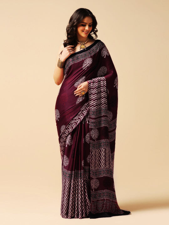 Handprinted Ajrakh Saree.