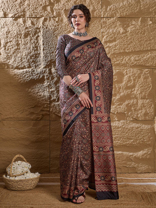 Ajrak Block Dabu Silk Blend Sari (461379 )