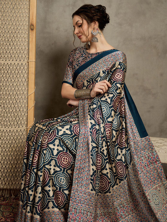 Ajrak Block Print Crepe Saree